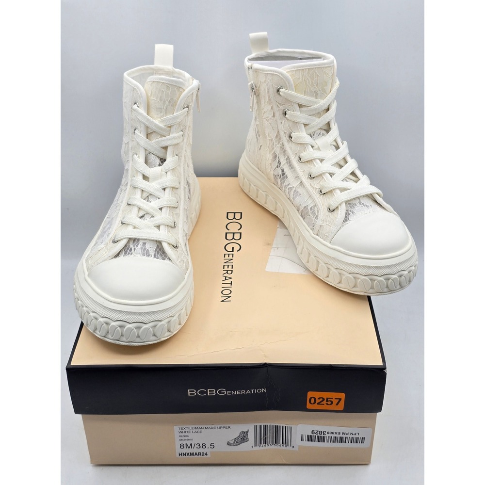 BCBGeneration Renda Lace High Top Sneakers‎ Womens 8M White Floral Zip -New
